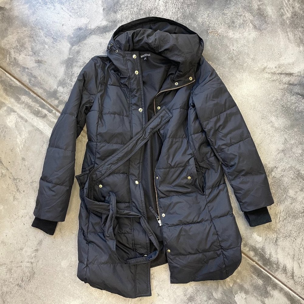 J. Crew Mercantile Long Hooded Puffer Coat Black with Belt Size Small
